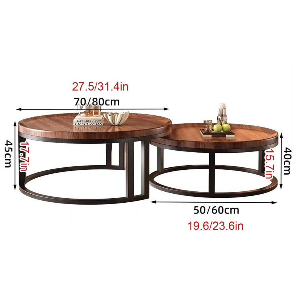 Round Nesting Coffee Tables 2-Piece Set Wood Top Metal Frame V42960