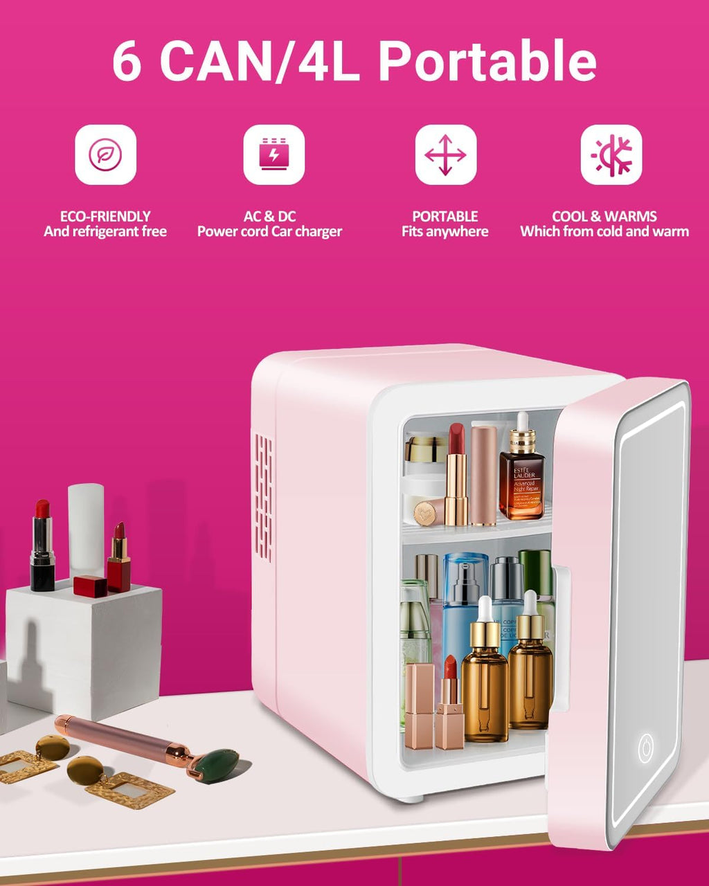 4-Liter Pink Portable Mini Fridge with Mirrored Door P293097