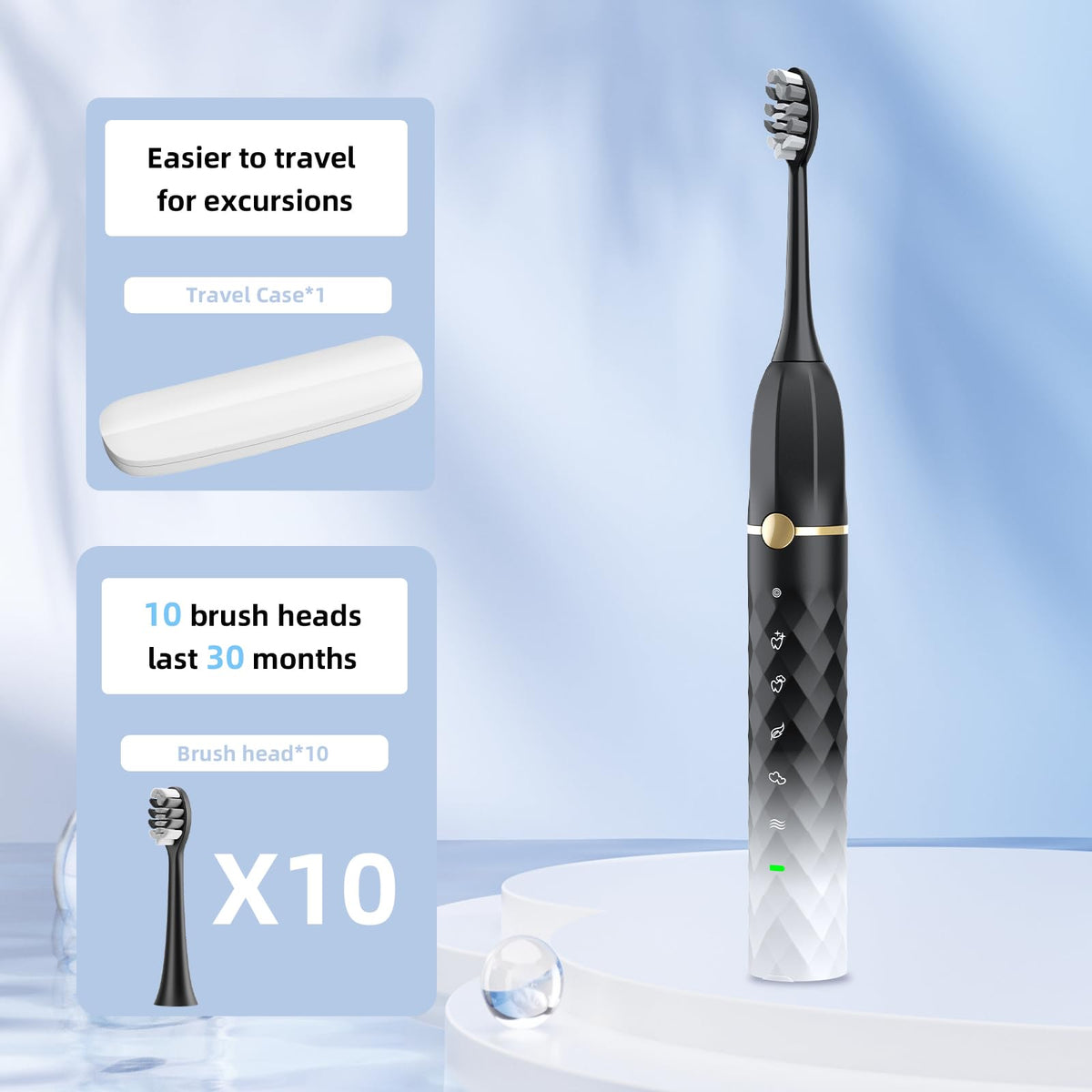 Black White Sonic Electric Toothbrush Set with 10 Brush Heads and Travel Case P5271
