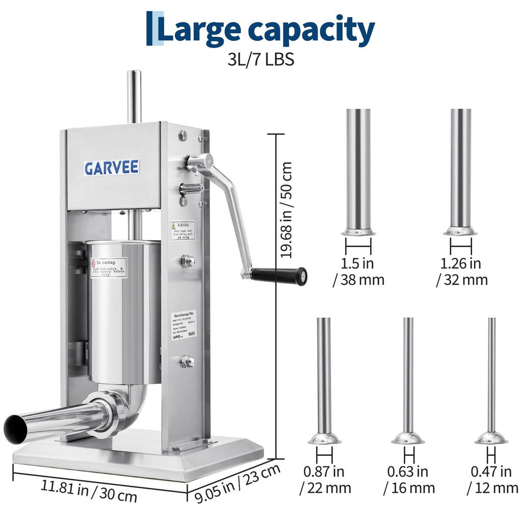 3L Stainless Steel Manual Sausage Stuffer with 5 Filling Tubes R900