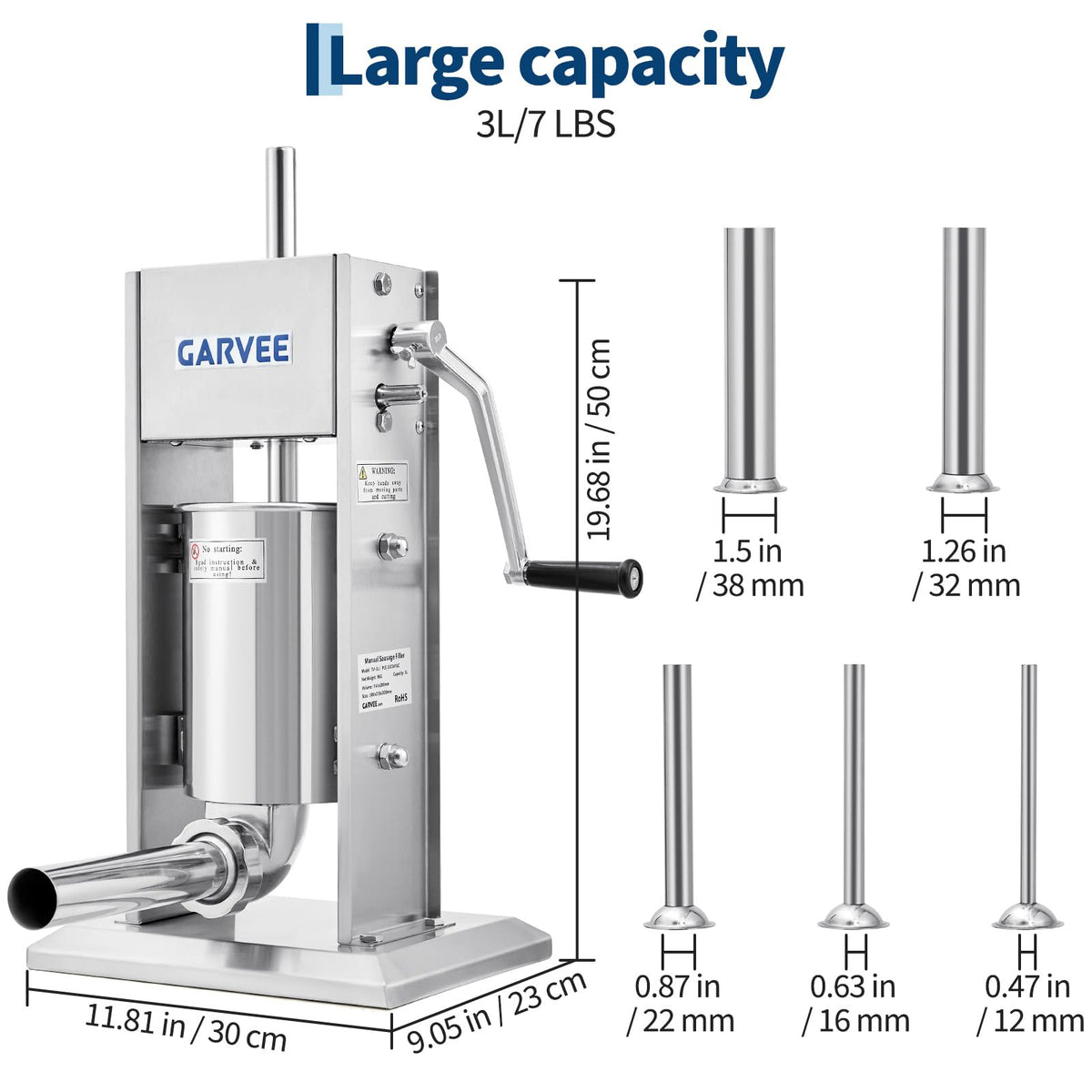 3L Stainless Steel Manual Sausage Stuffer with 5 Filling Tubes R900