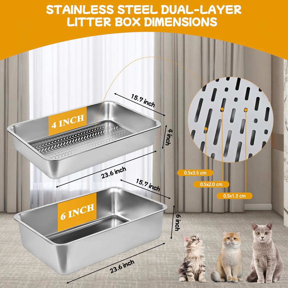 Stainless Steel Sifting Cat Litter Box with Scoop and Pee Pad E664