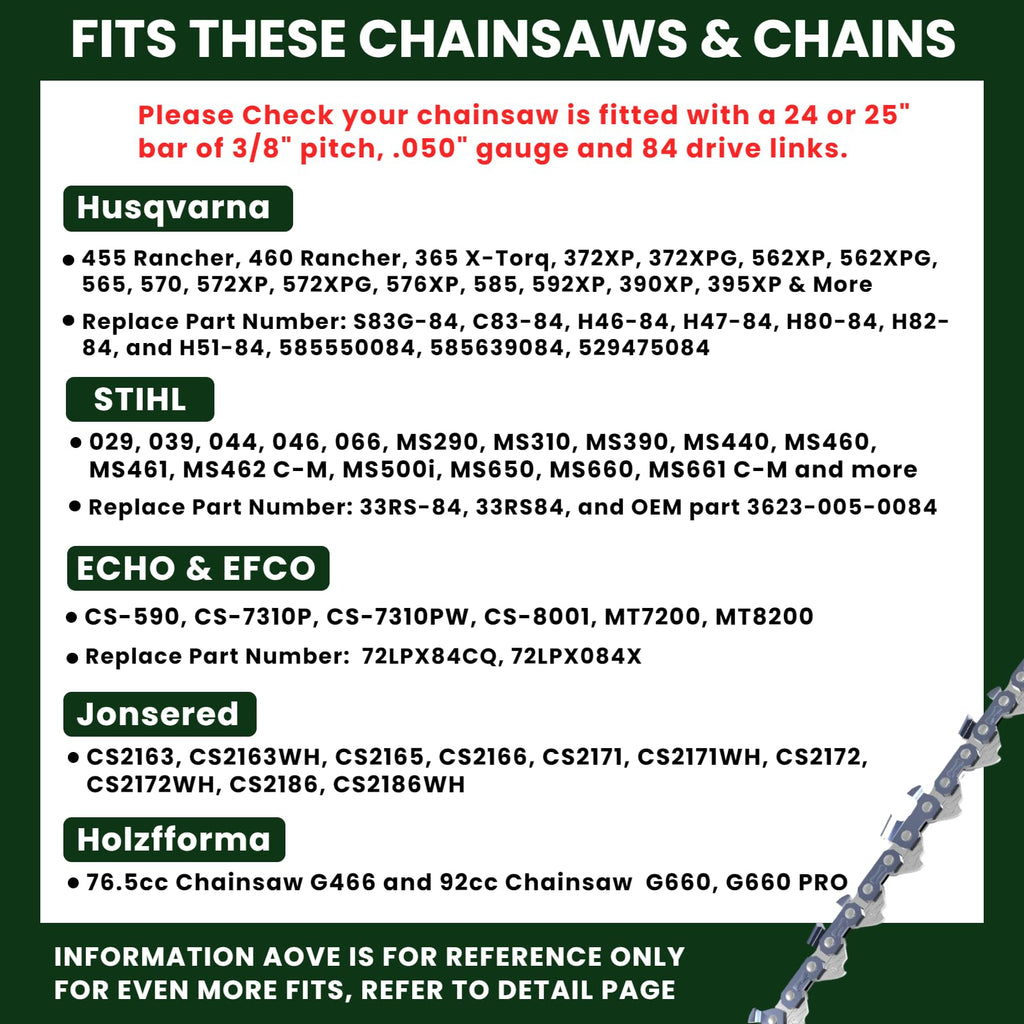 24 Inch Chainsaw Chain 3/8 Pitch .050" Gauge 84 Drive Links Full Chisel W2927