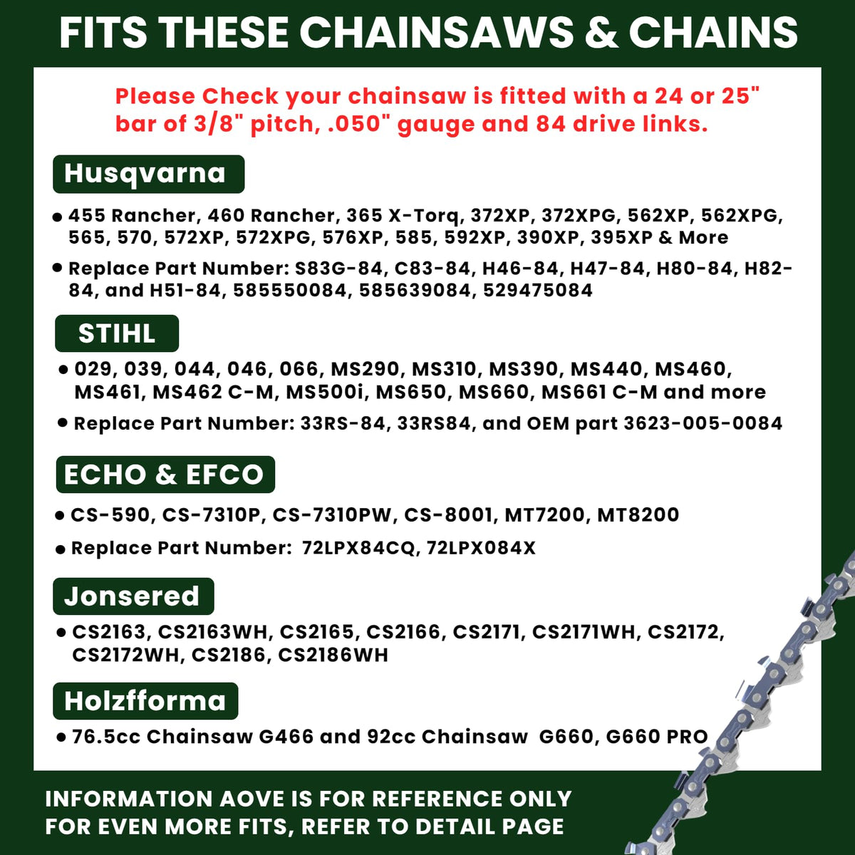 24 Inch Chainsaw Chain 3/8 Pitch .050" Gauge 84 Drive Links Full Chisel W2927