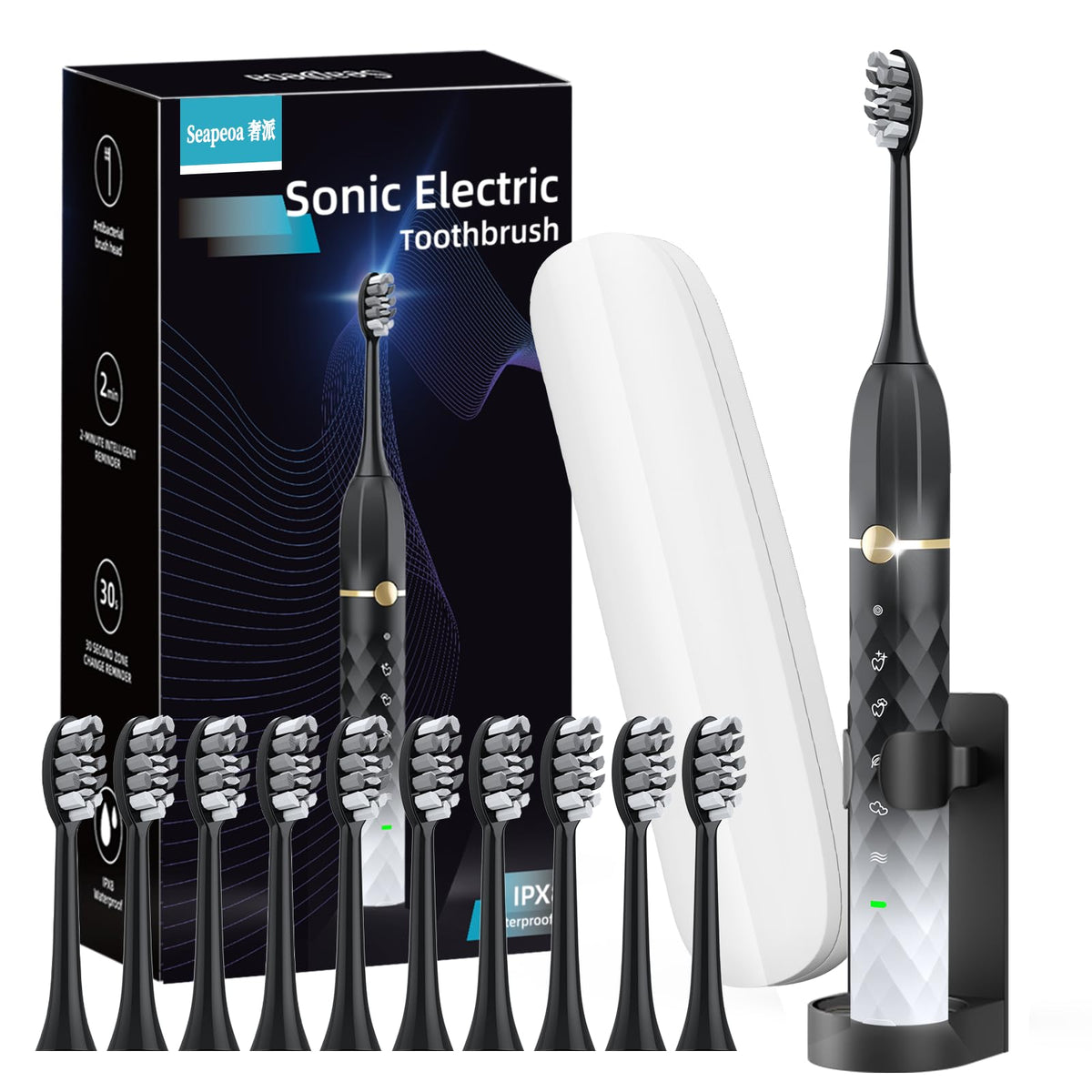 Black White Sonic Electric Toothbrush Set with 10 Brush Heads and Travel Case P5271