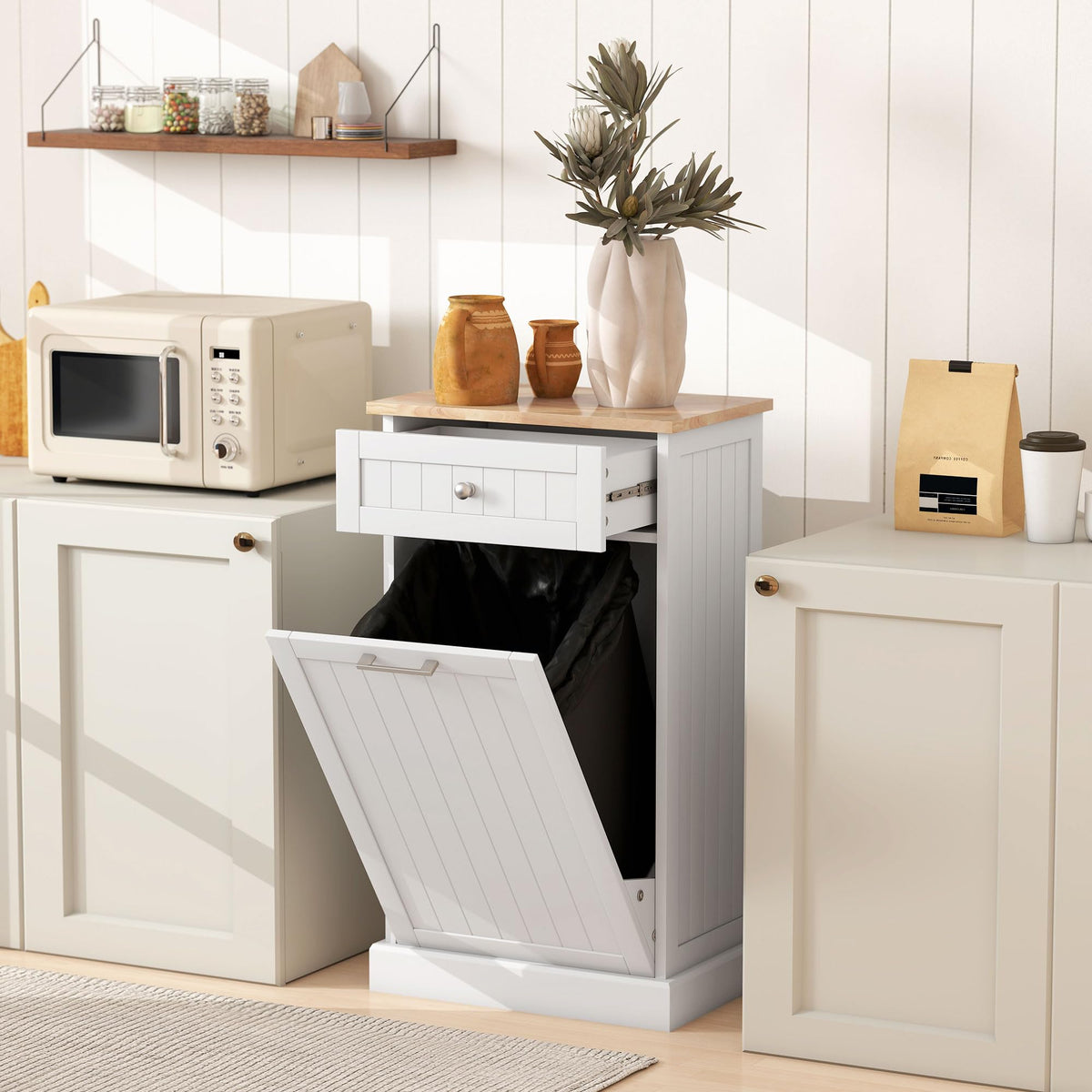 White Wooden 10 Gallon Tilt-Out Trash Cabinet with Drawer Z64769