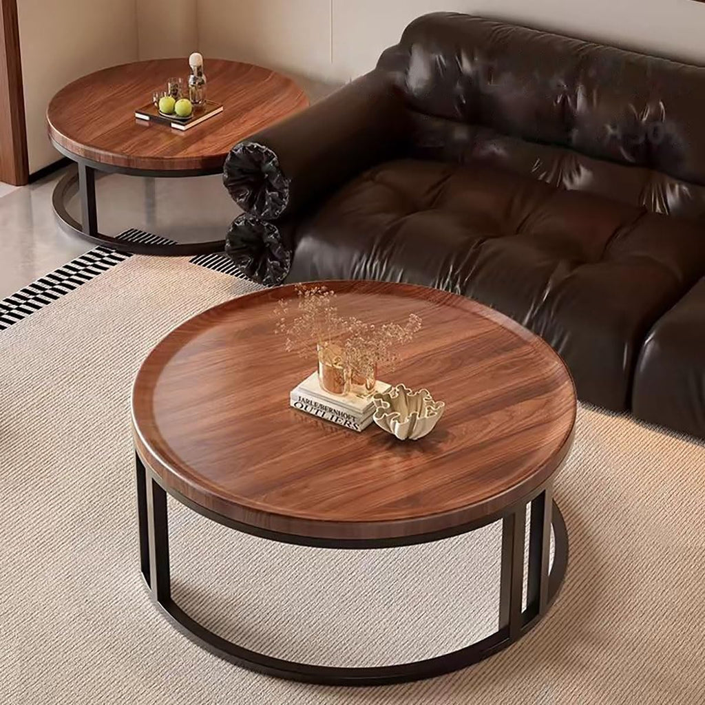 Round Nesting Coffee Tables 2-Piece Set Wood Top Metal Frame V42960