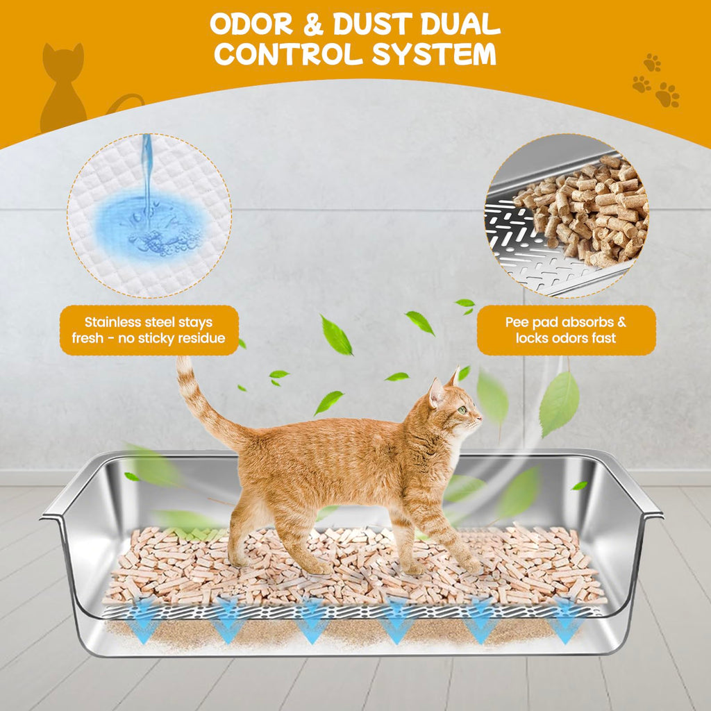 Stainless Steel Sifting Cat Litter Box with Scoop and Pee Pad E664