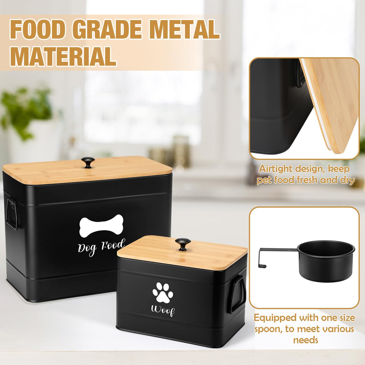 2Pcs Extra Large Metal Dog Food Containers Airtight Black U7623