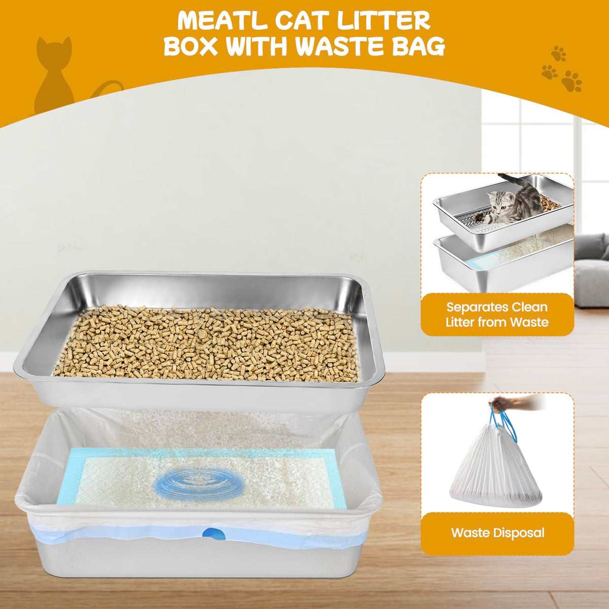 Stainless Steel Sifting Cat Litter Box with Scoop and Pee Pad E664