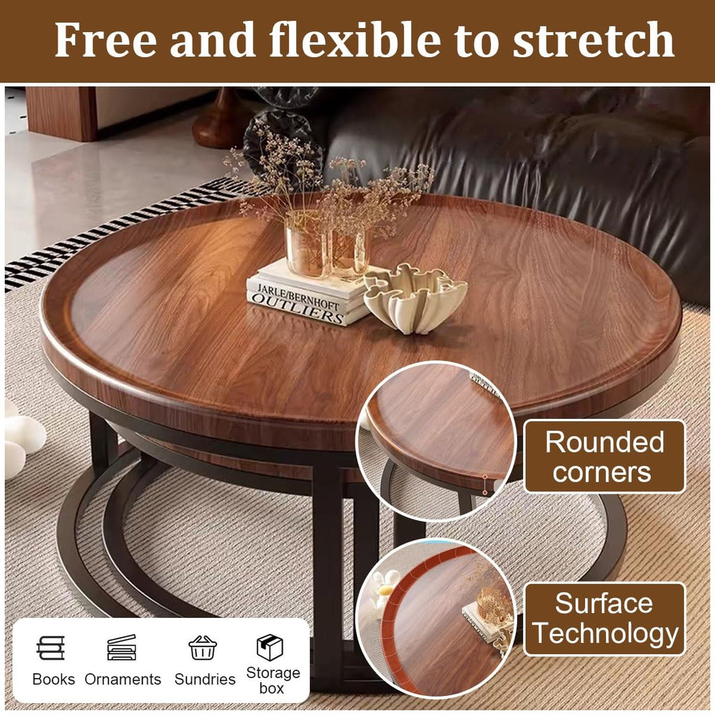 Round Nesting Coffee Tables 2-Piece Set Wood Top Metal Frame V42960