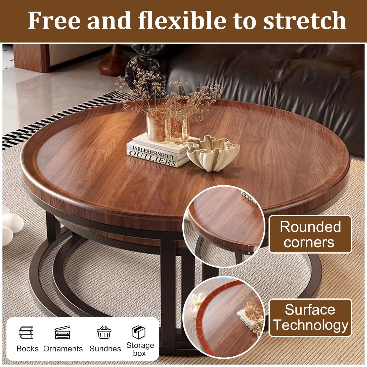 Round Nesting Coffee Tables 2-Piece Set Wood Top Metal Frame V42960