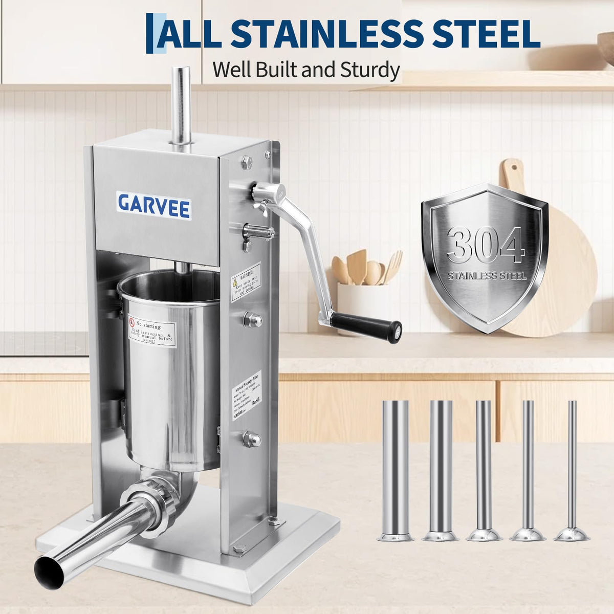 3L Stainless Steel Manual Sausage Stuffer with 5 Filling Tubes R900