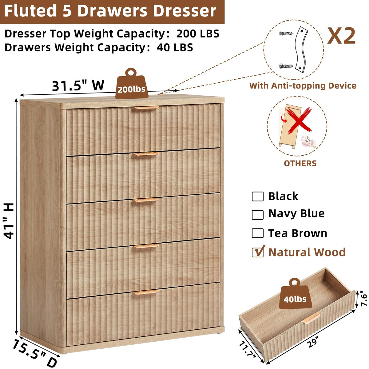 Fluted 5 Drawers Natural Wood Dresser F174240