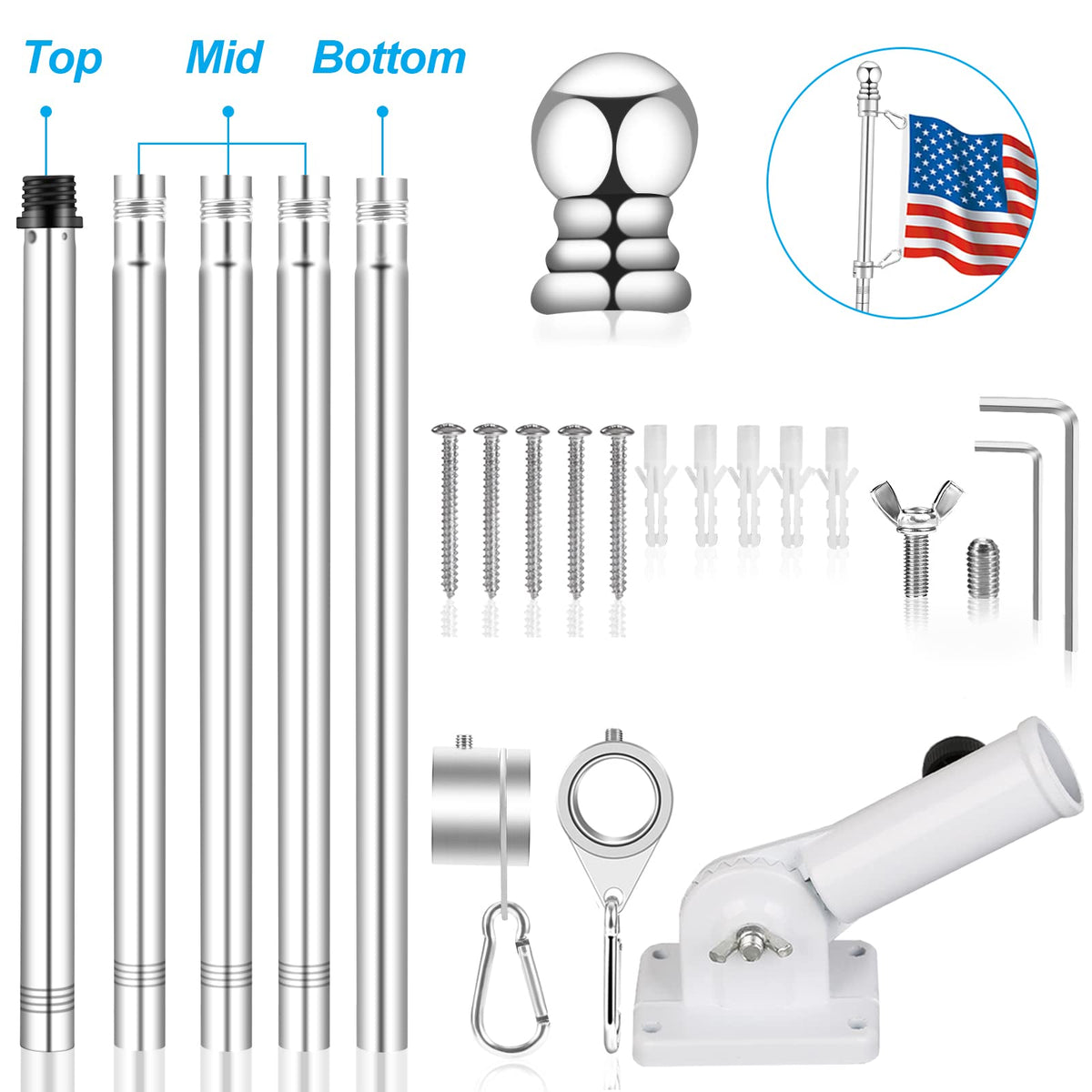 6 FT Metal Flagpole Kit and Stainless Steel Flagpole Clips X3537