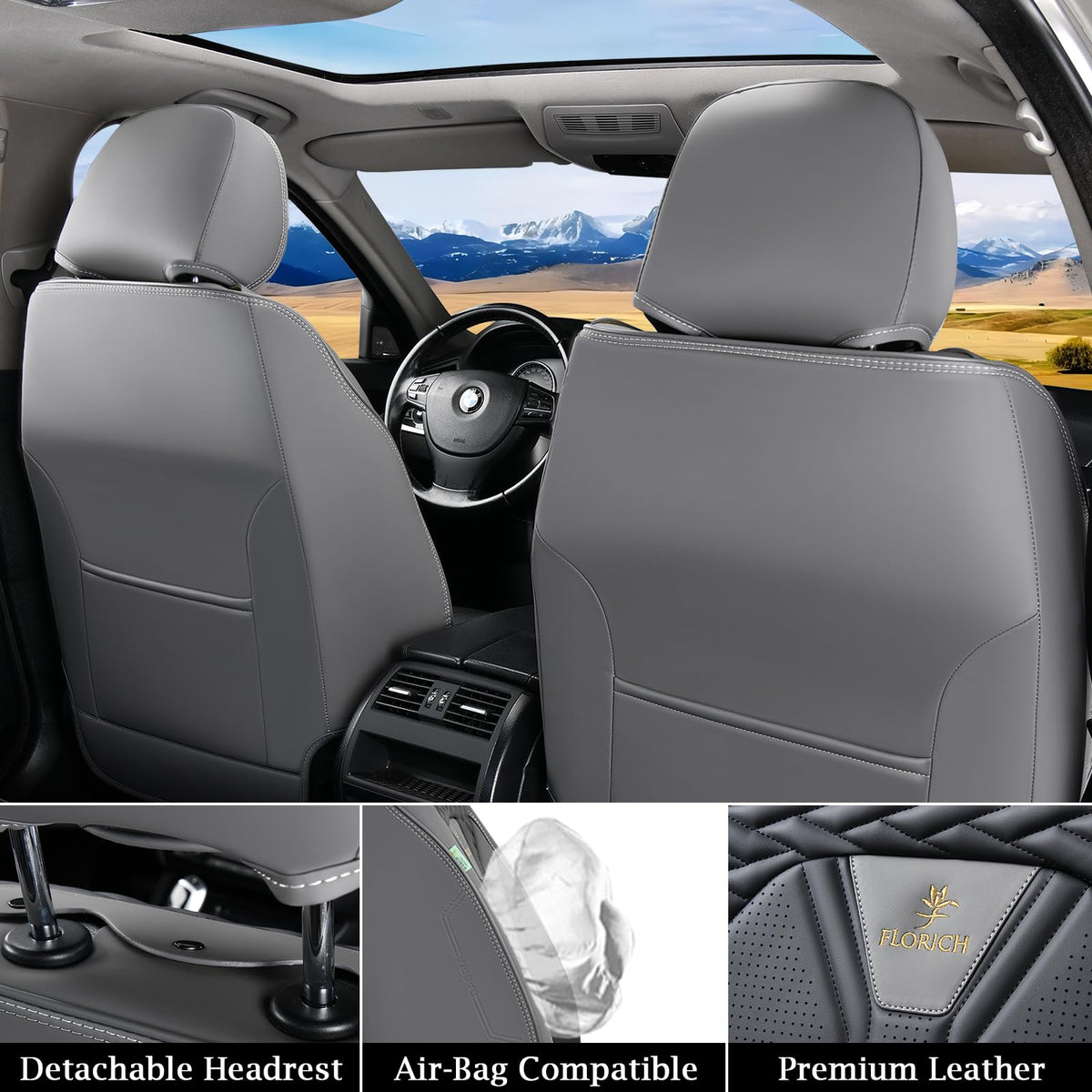 Leather Seat Covers Full Set 5 Seats Gray Black D31935
