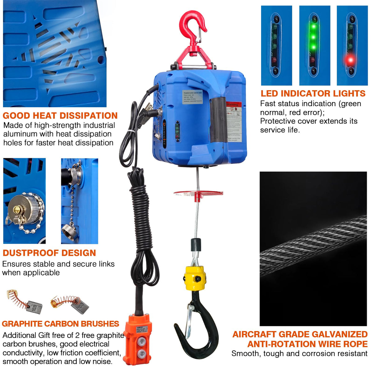 1500lb Portable Electric Hoist Winch W2009