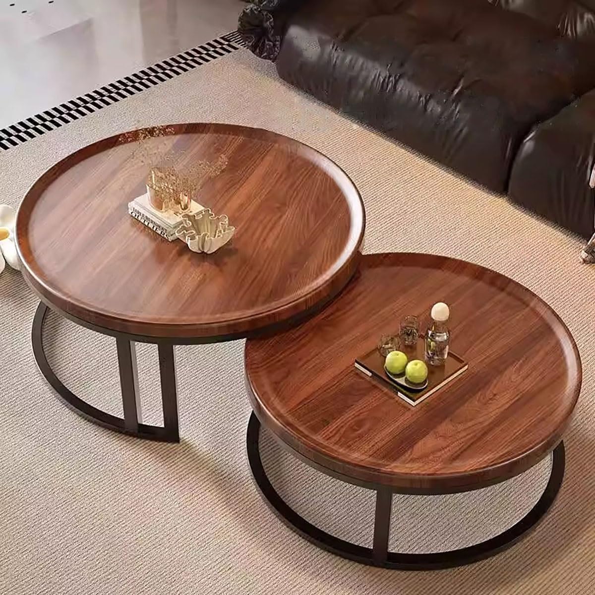 Round Nesting Coffee Tables 2-Piece Set Wood Top Metal Frame V42960
