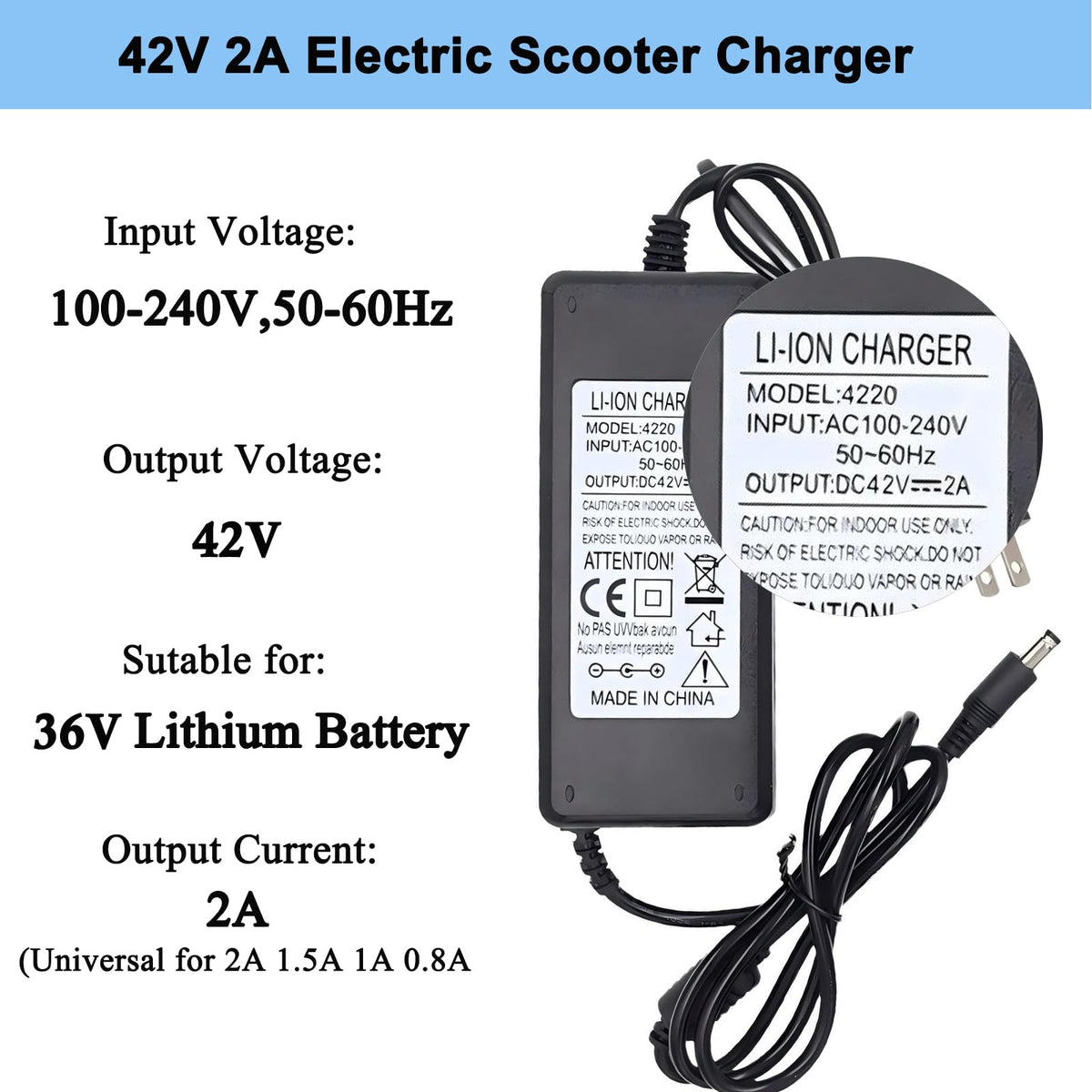 42V 2A Electric Scooter Charger with 4 Plugs C3687