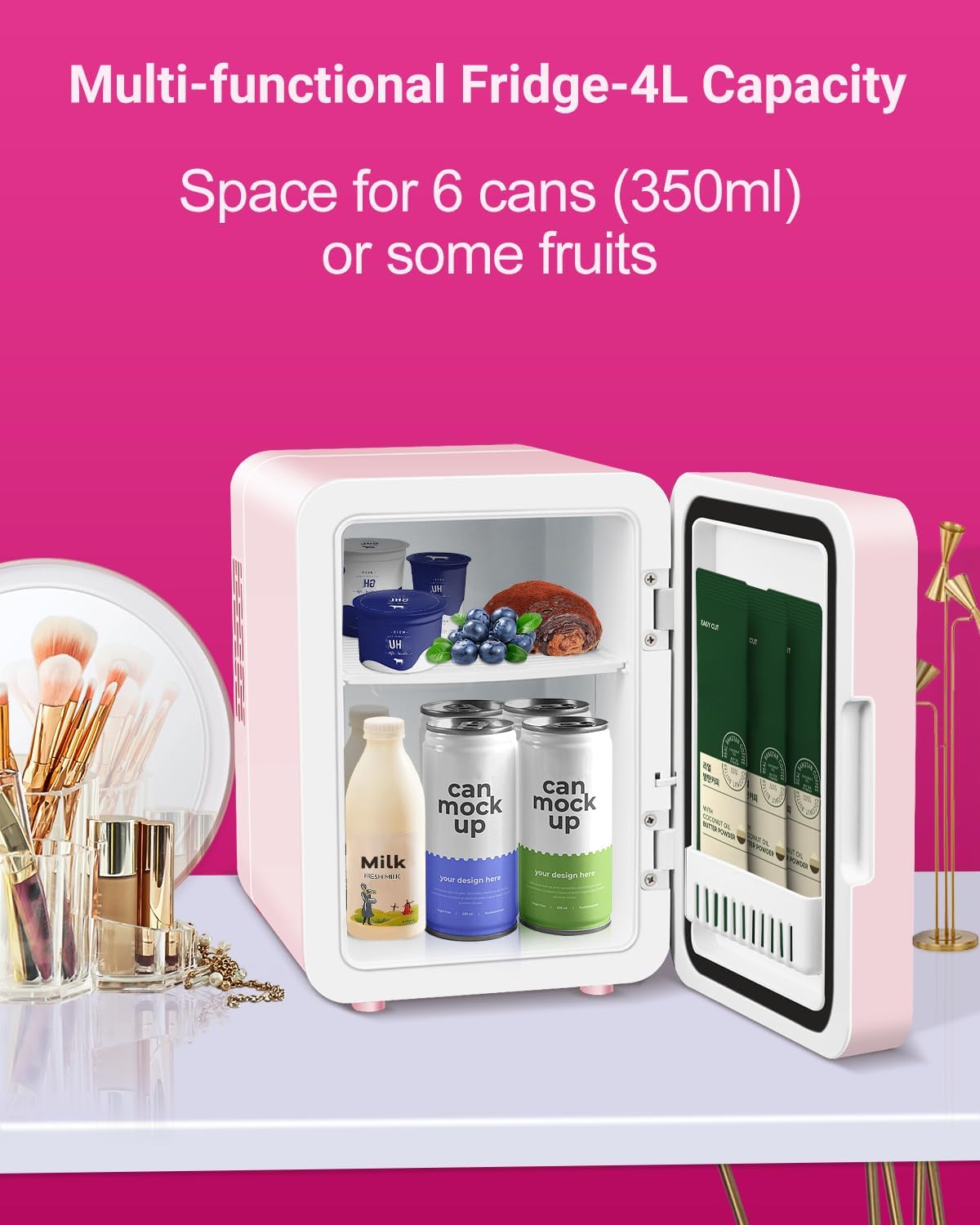 4-Liter Pink Portable Mini Fridge with Mirrored Door P293097