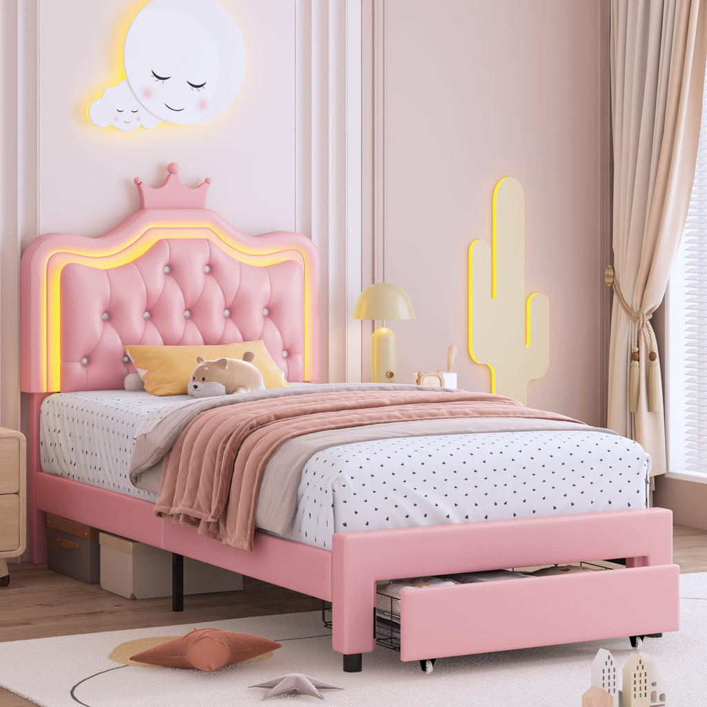 Pink Twin Upholstered Platform Bed Frame with Storage Drawer I68492