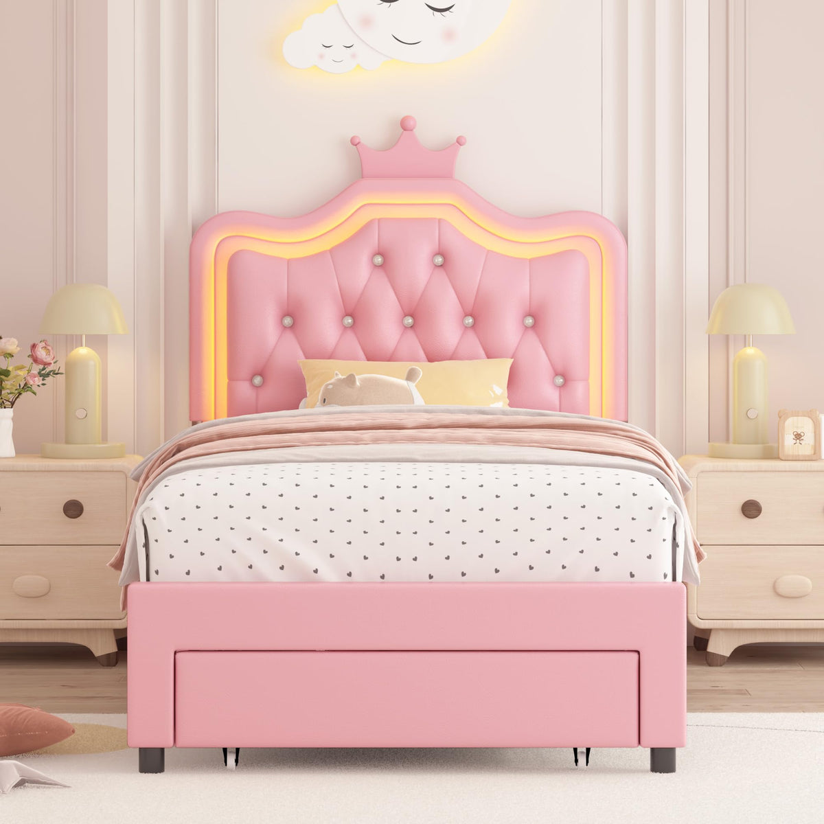 Pink Twin Upholstered Platform Bed Frame with Storage Drawer I68492