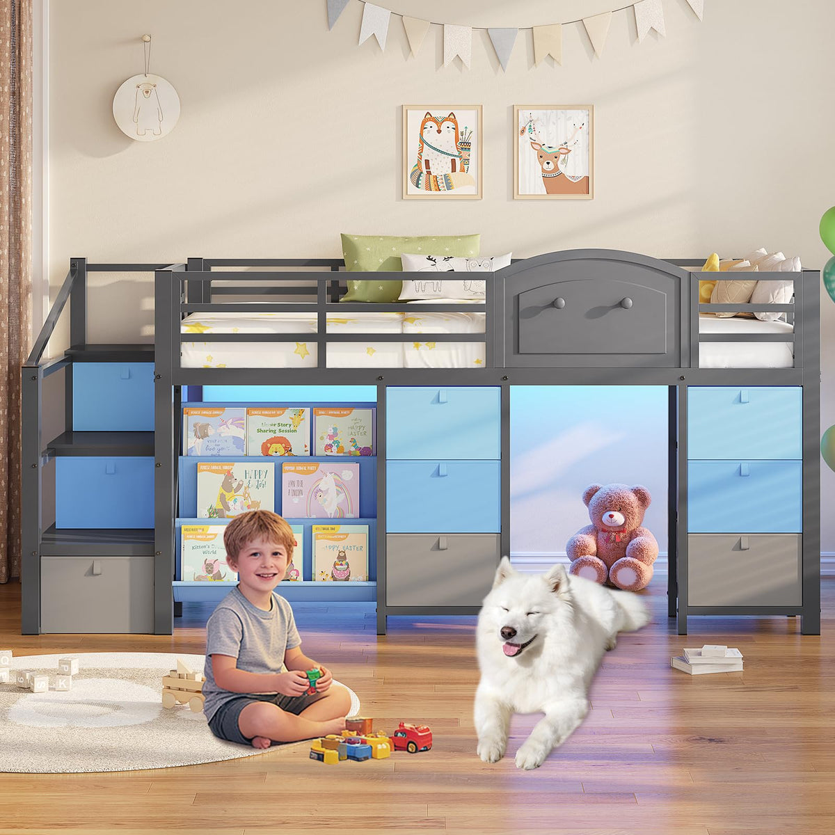 Twin Size Low Loft Bed with 9 Storage Drawers and Staircase S308333