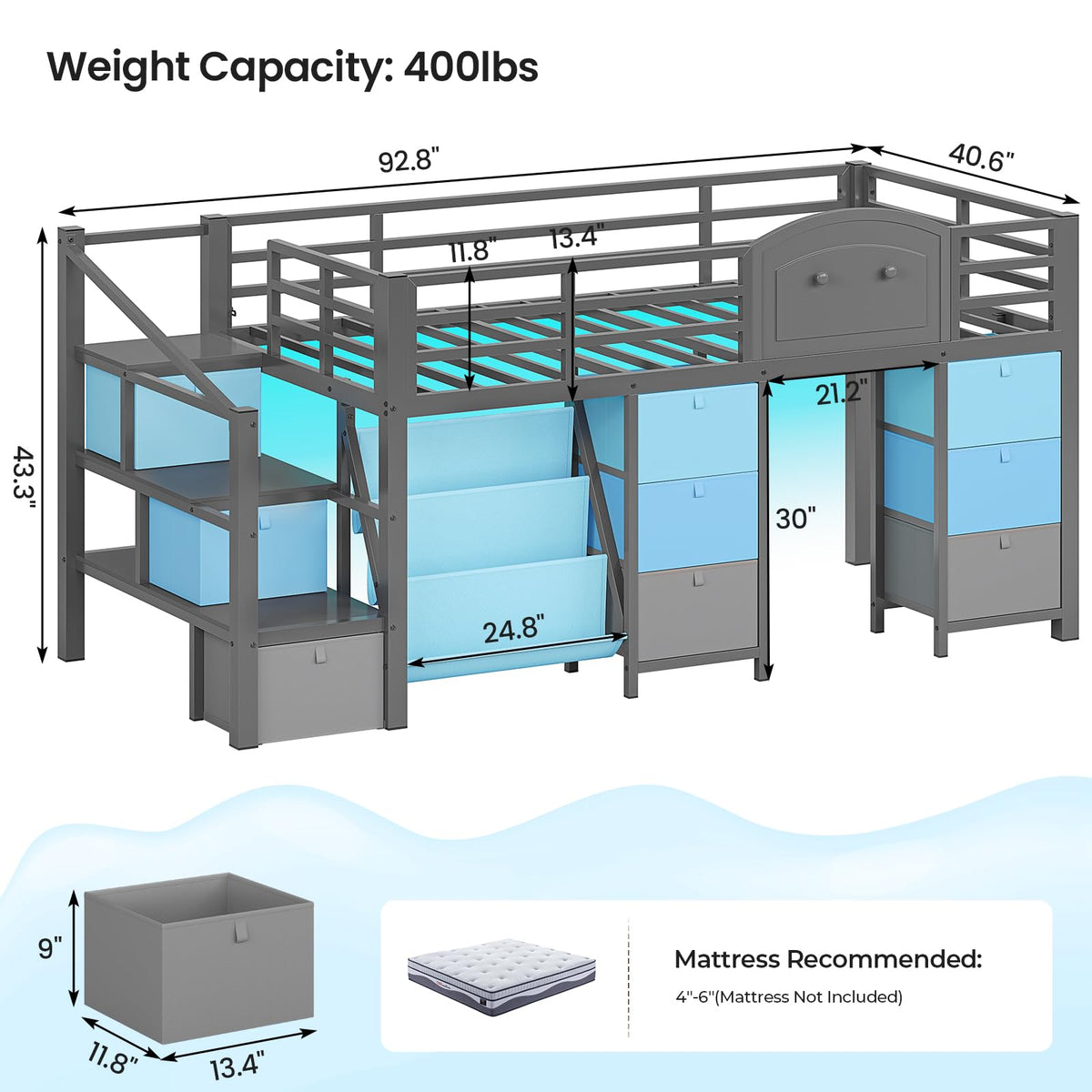 Twin Size Low Loft Bed with 9 Storage Drawers and Staircase S308333