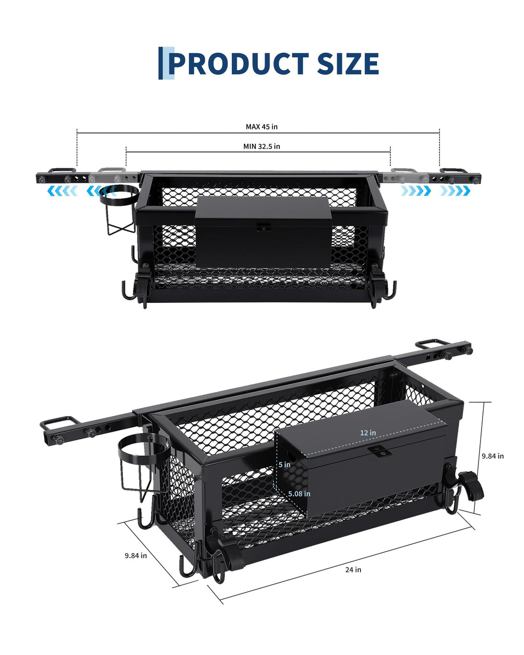 Heavy Duty Steel Tractor Tool Box Basket 24x10x10in Powder Coated Black T6093