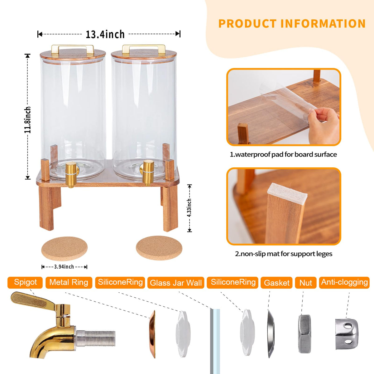 2 Pack 1.5 Gallon Glass Beverage Dispenser with Wooden Lid R614