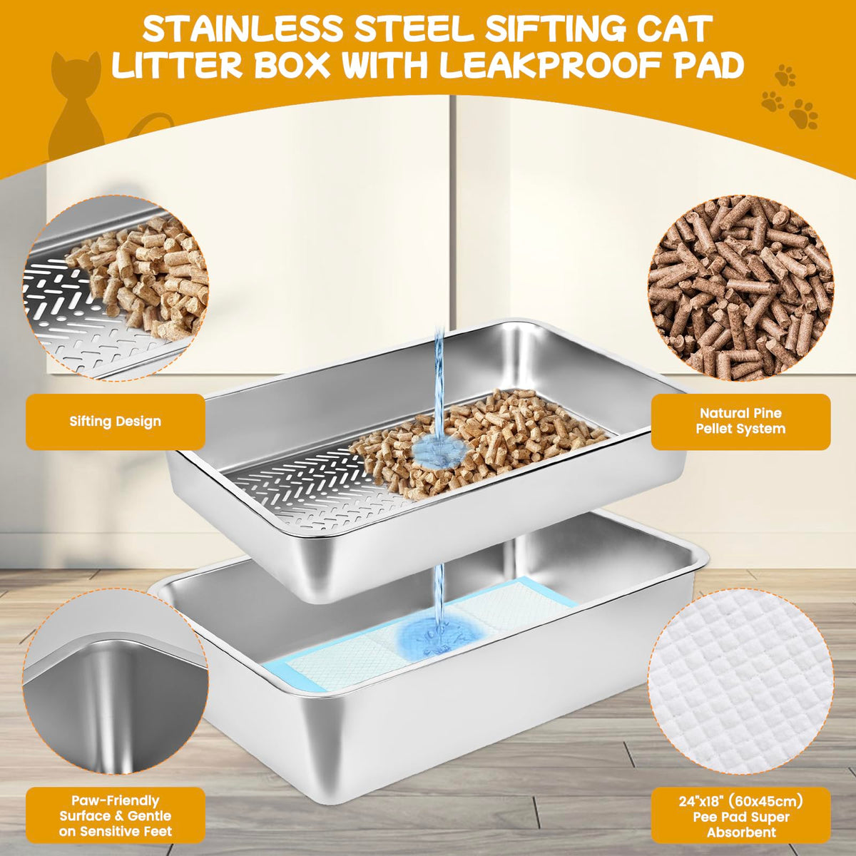 Stainless Steel Sifting Cat Litter Box with Scoop and Pee Pad E664
