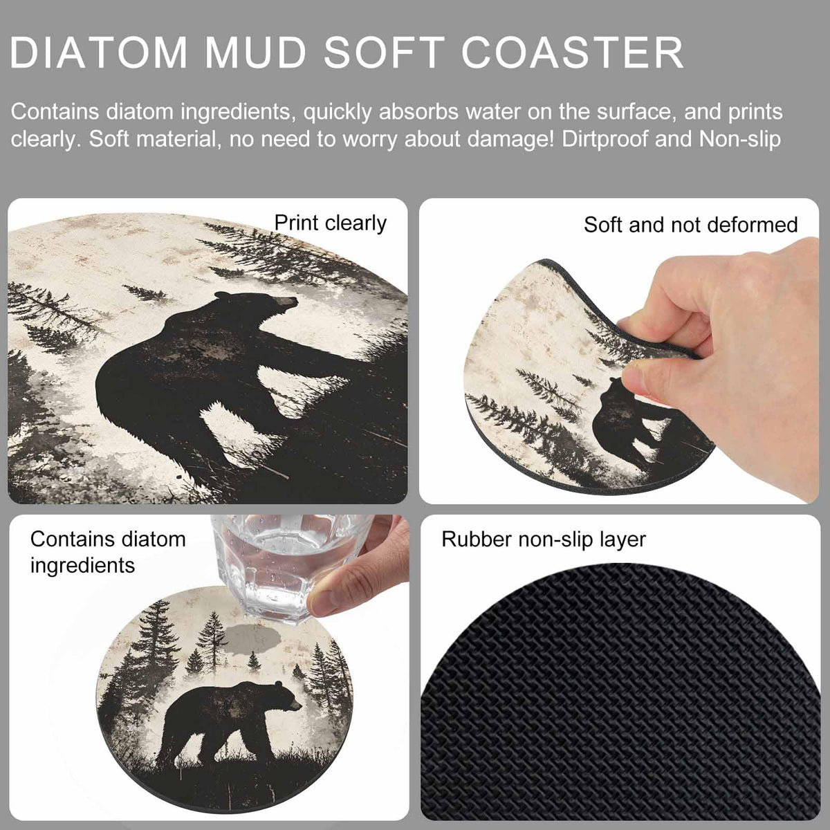 Black Beige Bear Absorbent Coasters Set of 6 C88602