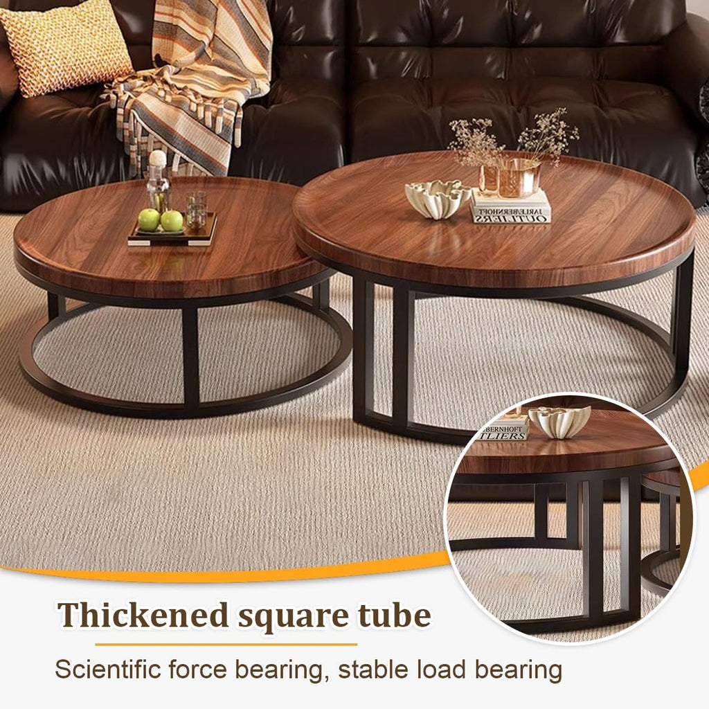 Round Nesting Coffee Tables 2-Piece Set Wood Top Metal Frame V42960