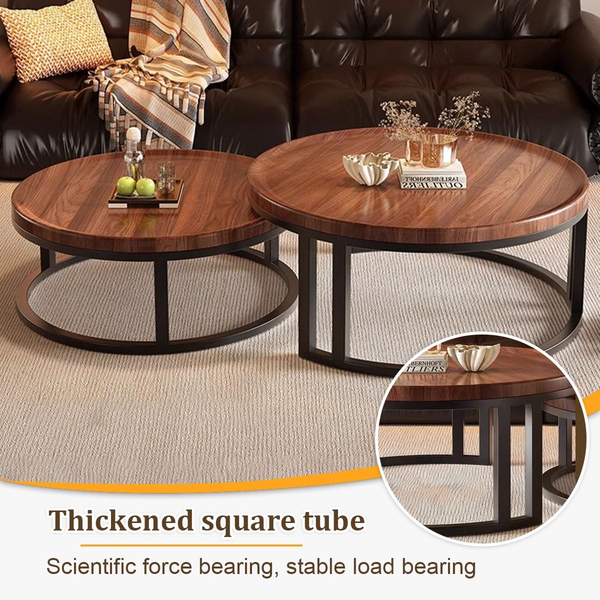 Round Nesting Coffee Tables 2-Piece Set Wood Top Metal Frame V42960