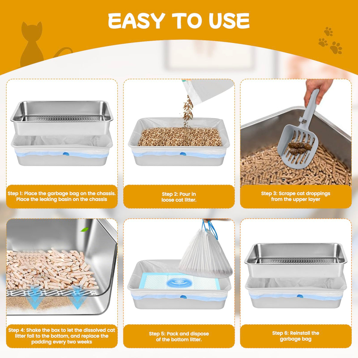 Stainless Steel Sifting Cat Litter Box with Scoop and Pee Pad E664
