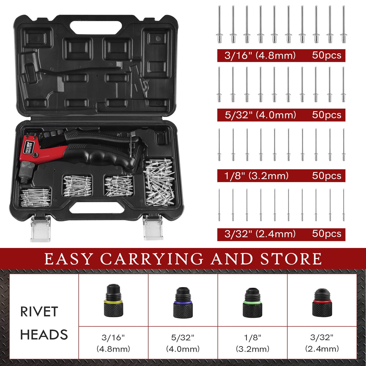 Rivet Gun Tool Kit with 200 Rivets J2377