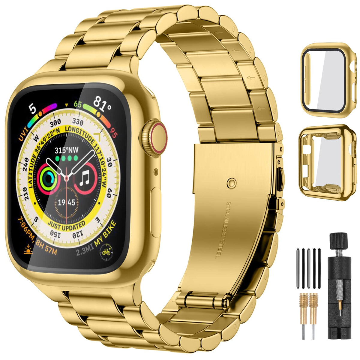 Compatible with Apple Watch Band Stainless Steel Metal Band with 2 Pack Protective Cover Case X208585