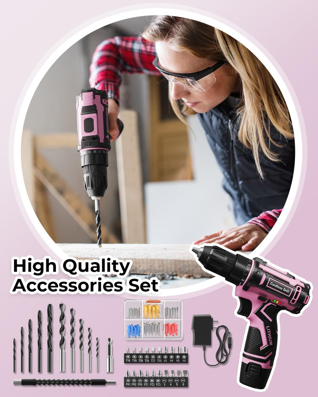 Pink Cordless Drill Set with Battery & Charger G649014