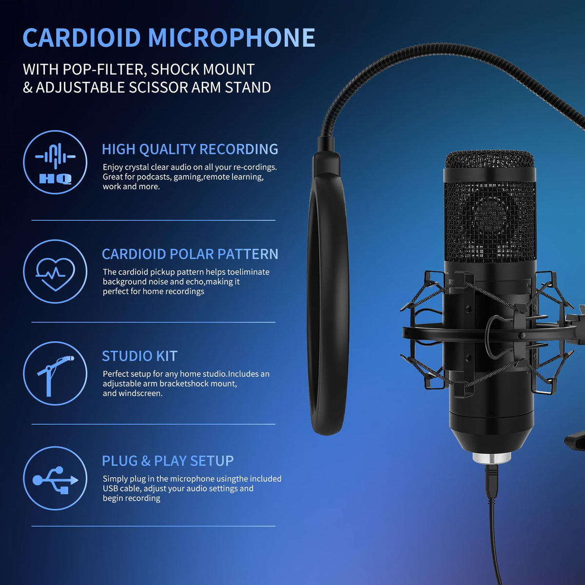 USB Condenser Microphone Kit with Boom Arm Stand W962624