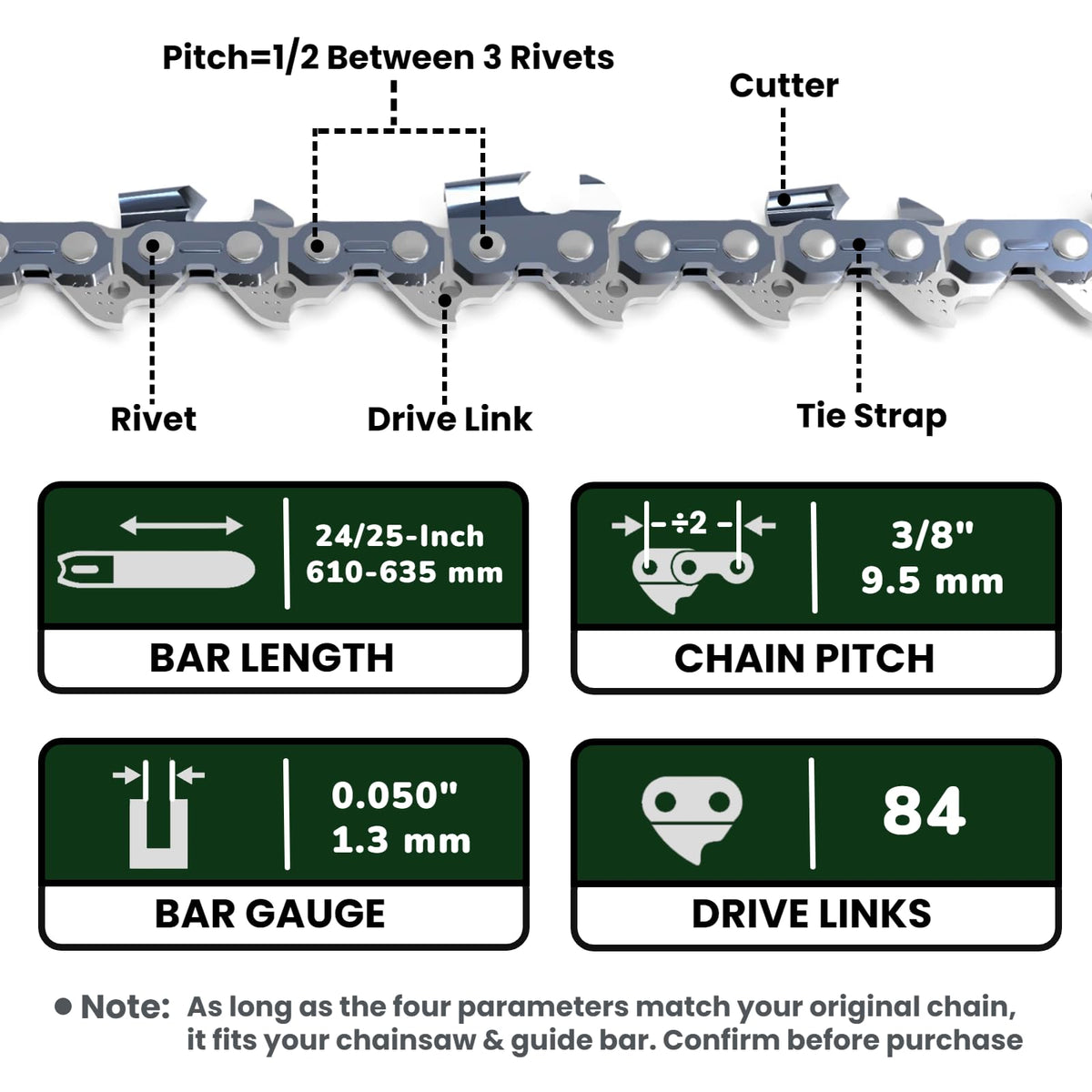 24 Inch Chainsaw Chain 3/8 Pitch .050" Gauge 84 Drive Links Full Chisel W2927