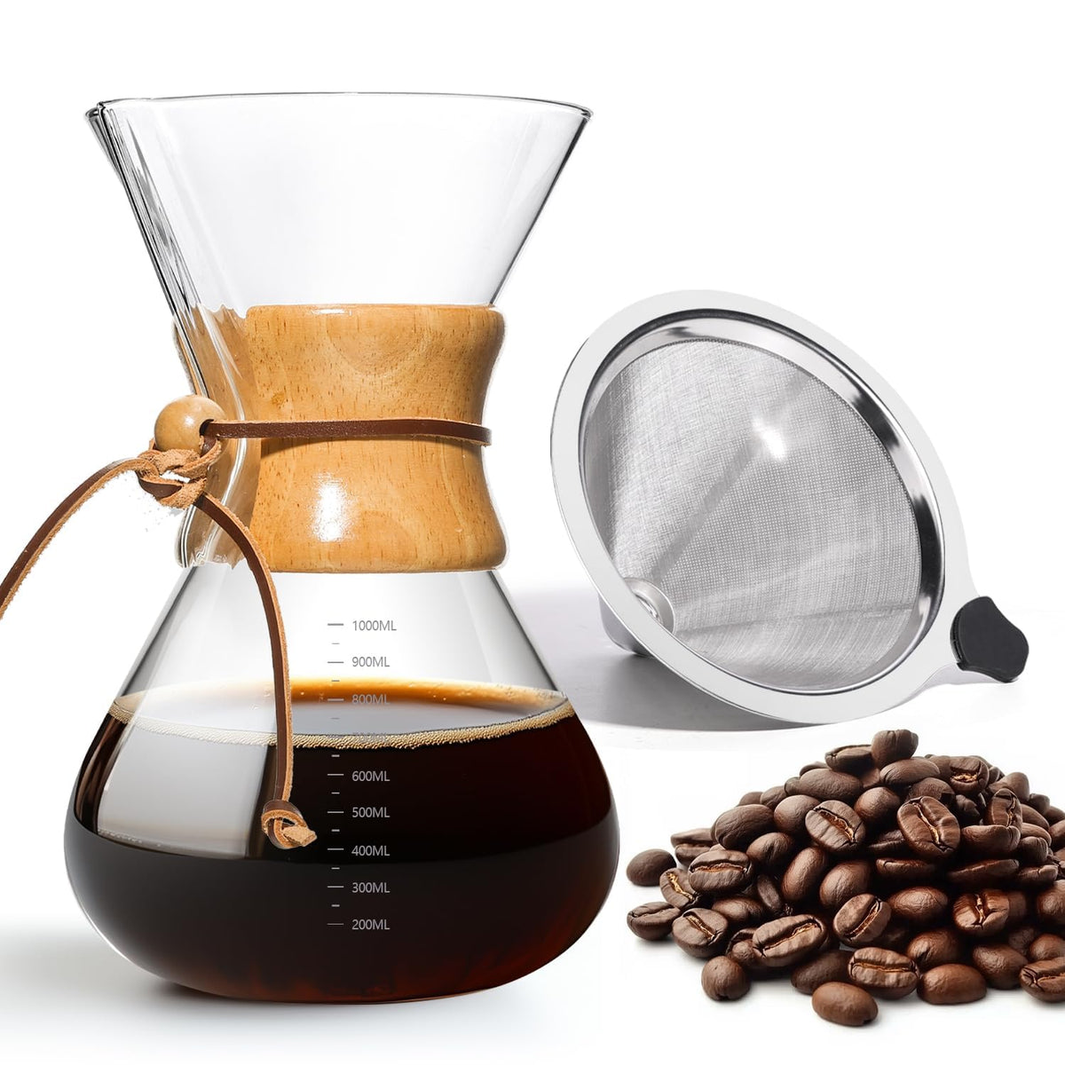 34 OZ Borosilicate Glass Pour Over Coffee Maker with Reusable Stainless Steel Filter K72728