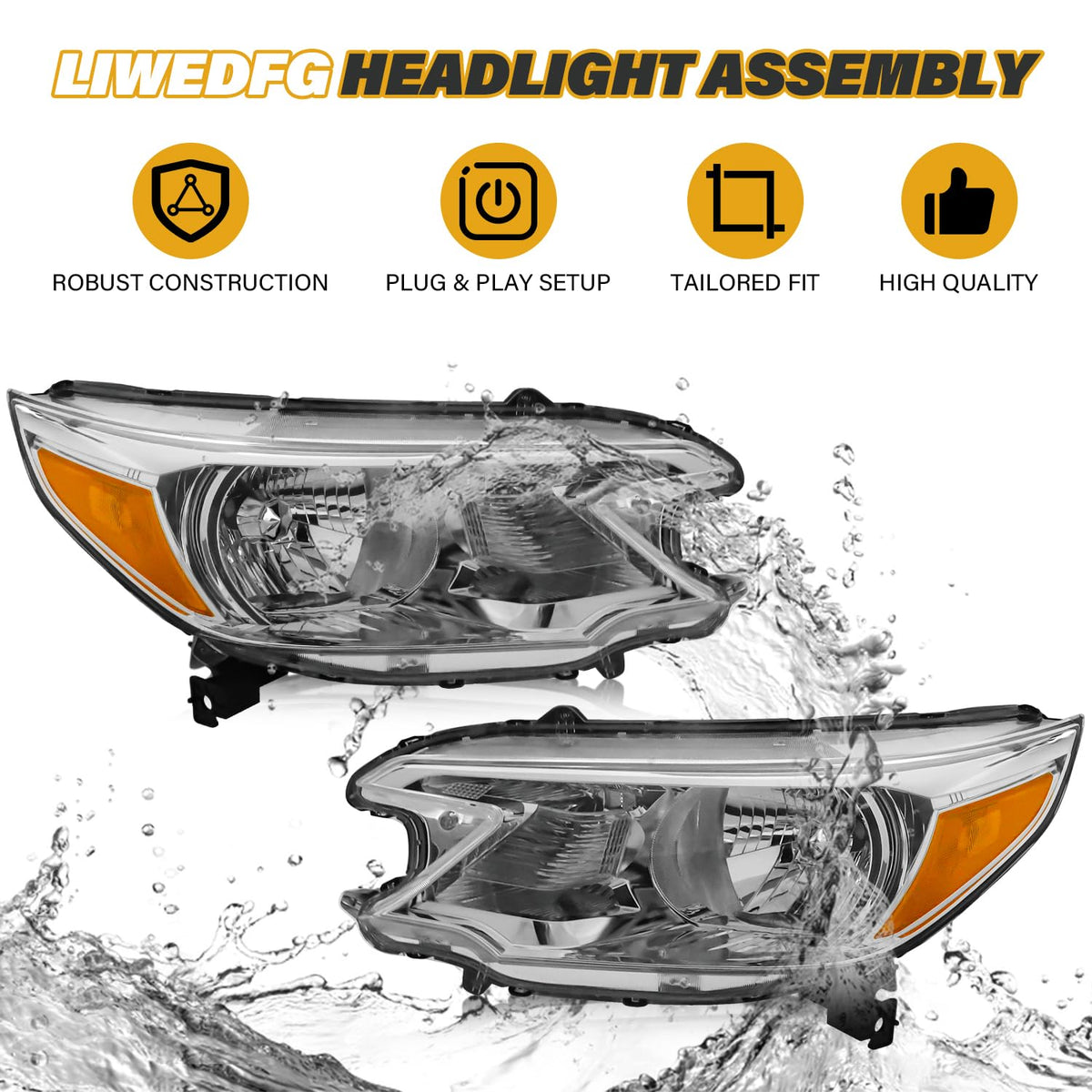 Halogen Headlight Assembly Pair Set Chrome Housing Amber Reflector Z737