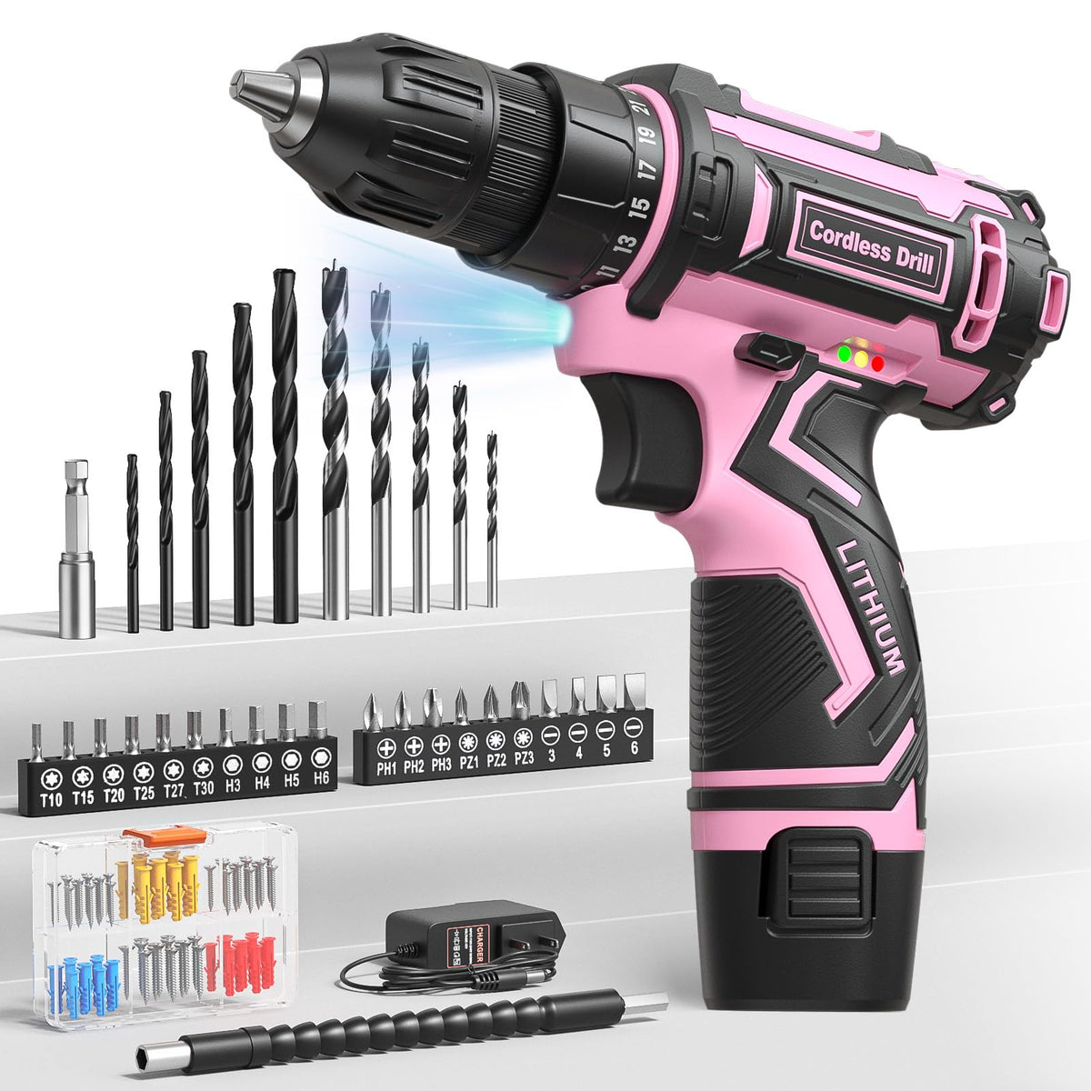 Pink Cordless Drill Set with Battery & Charger G649014