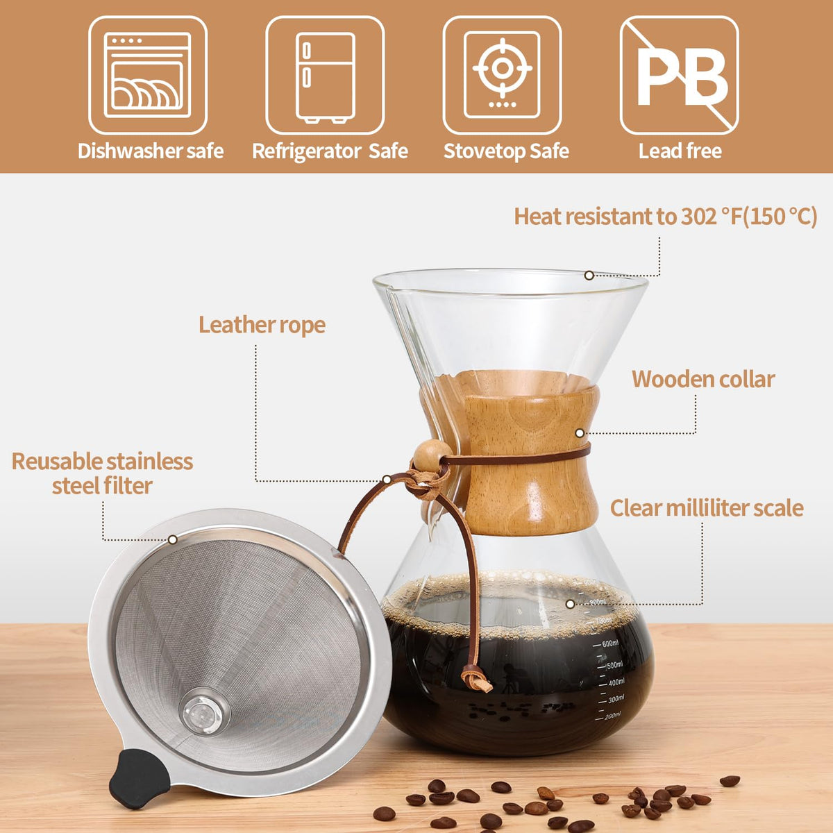 34 OZ Borosilicate Glass Pour Over Coffee Maker with Reusable Stainless Steel Filter K72728