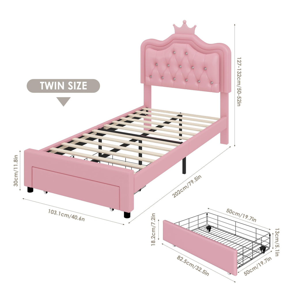 Pink Twin Upholstered Platform Bed Frame with Storage Drawer I68492