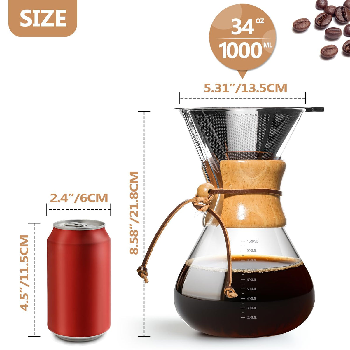 34 OZ Borosilicate Glass Pour Over Coffee Maker with Reusable Stainless Steel Filter K72728