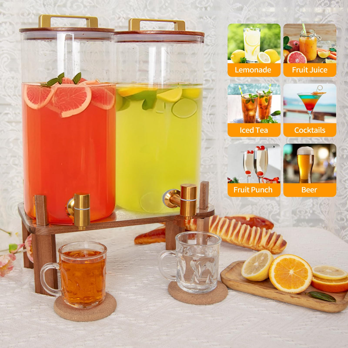 2 Pack 1.5 Gallon Glass Beverage Dispenser with Wooden Lid R614