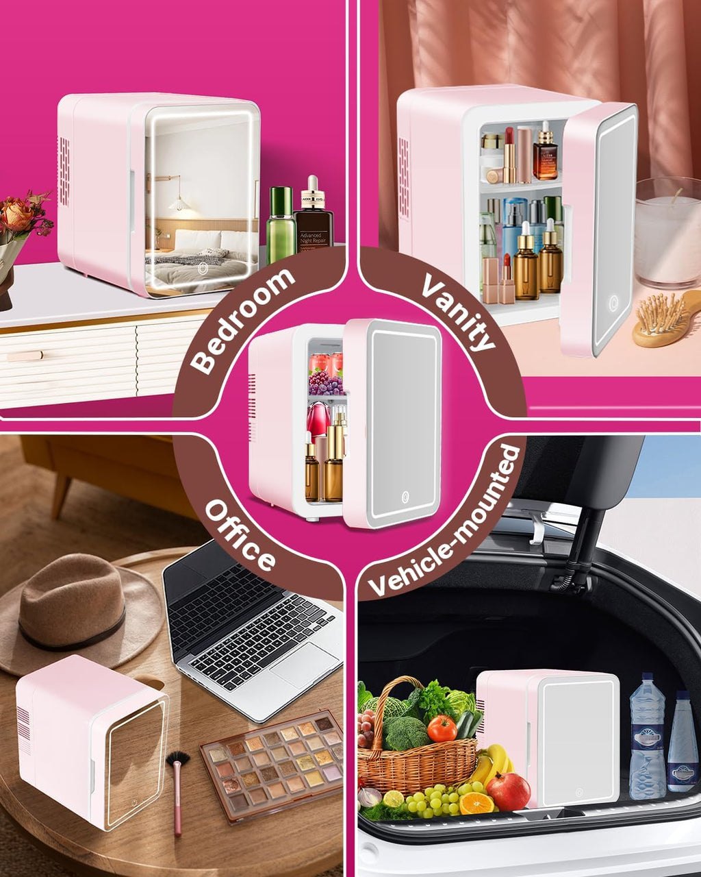 4-Liter Pink Portable Mini Fridge with Mirrored Door P293097