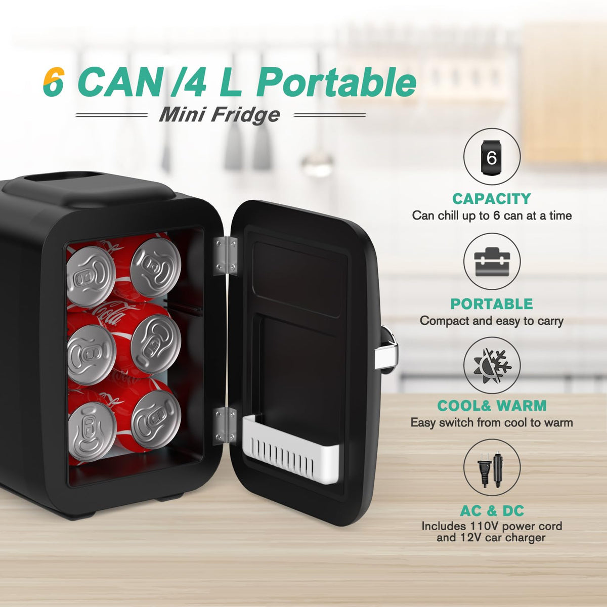 4 Liter 6 Can Portable Cooler and Warmer Mini Fridge J5248