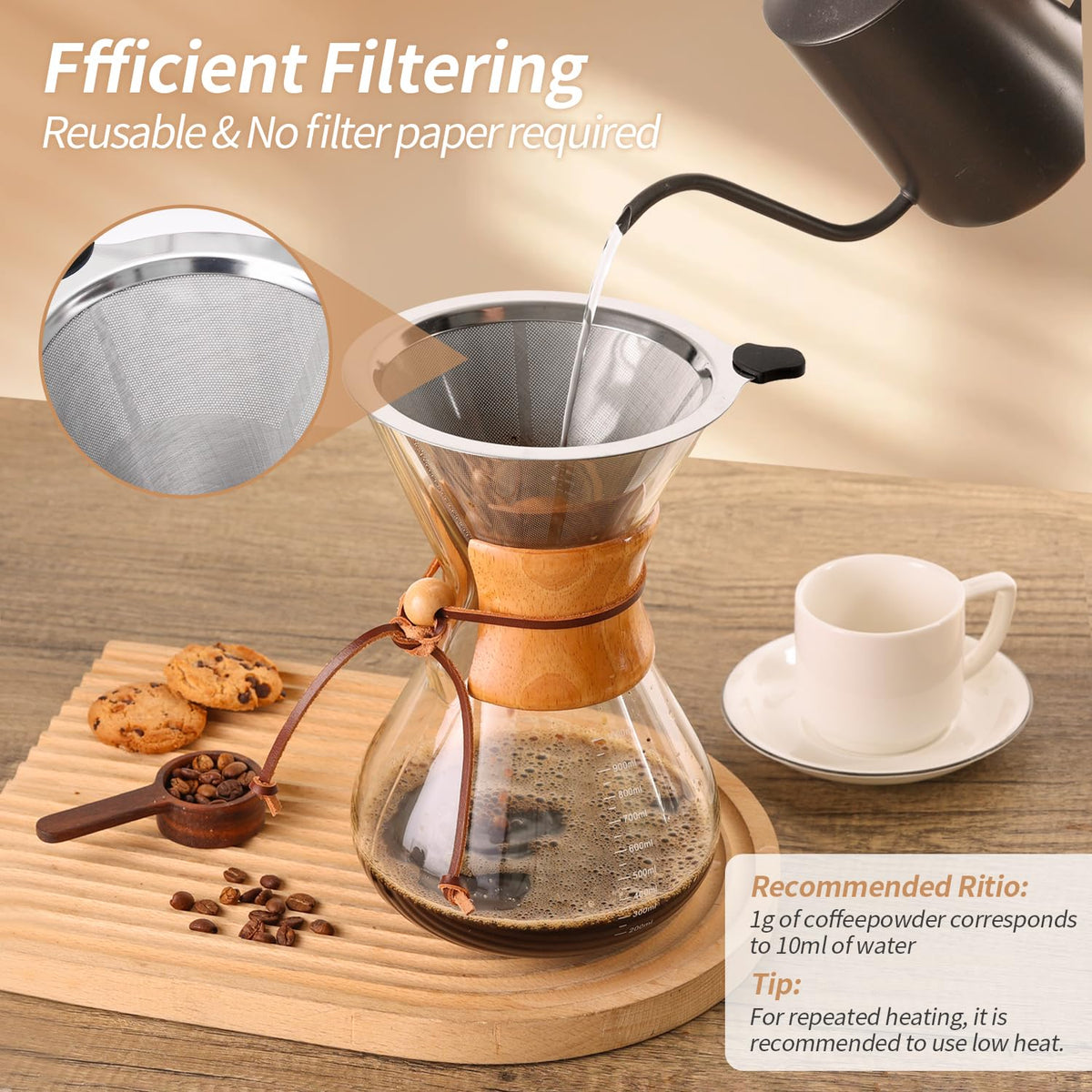 34 OZ Borosilicate Glass Pour Over Coffee Maker with Reusable Stainless Steel Filter K72728